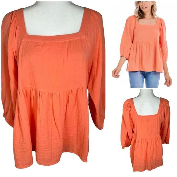 Mud Pie Sydney Orange Square Neck Gauze Babydoll Tiered Boho Top - Picture 1 of 7